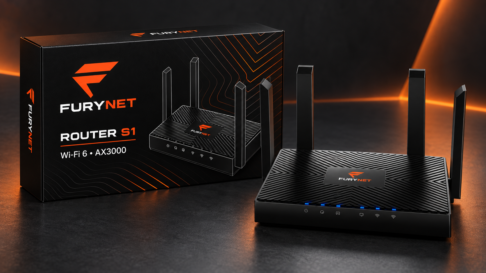 Упаковка и роутер FURYNET ROUTER SuperOne Wi-Fi 6 AX3000
